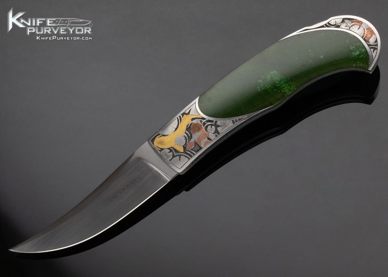 Tim Herman Custom Knife Engraved by Jon Robyn with Jade and Gold & Bronze Koi Fish 13333