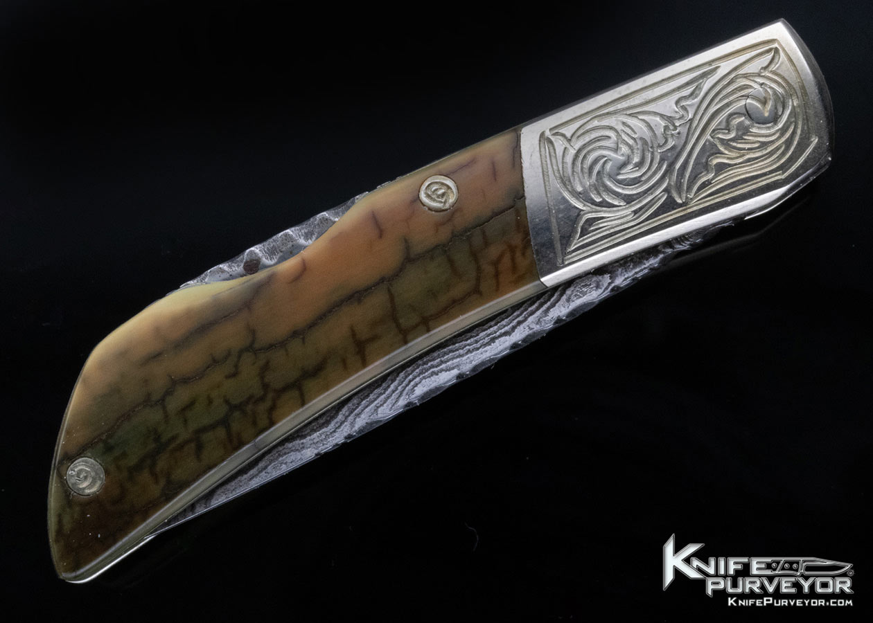 Bill McHenry Custom Knife Sole Authorship Engraved Miniature Damascus and Mammoth Lockback Folder 13739