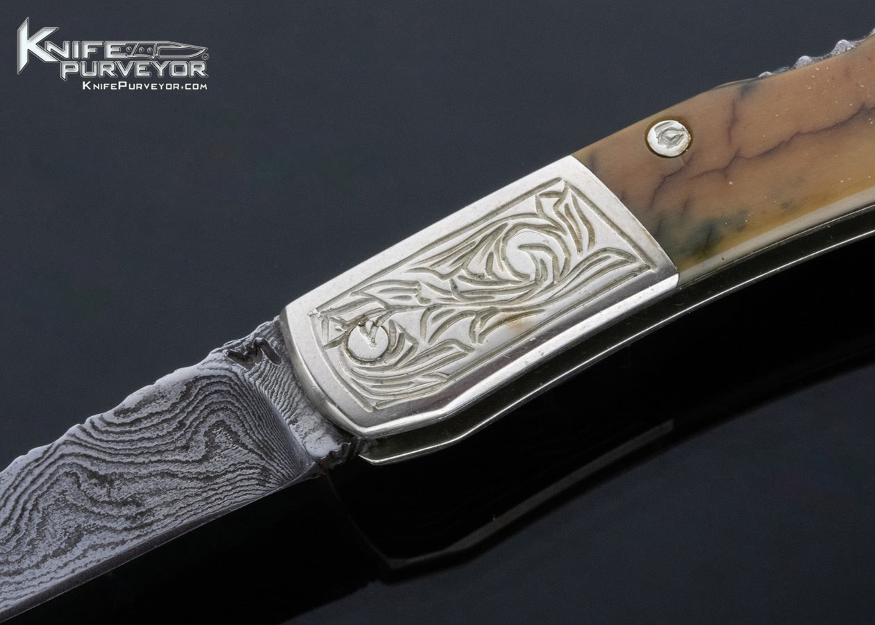 Bill McHenry Custom Knife Sole Authorship Engraved Miniature Damascus and Mammoth Lockback Folder - Image 2