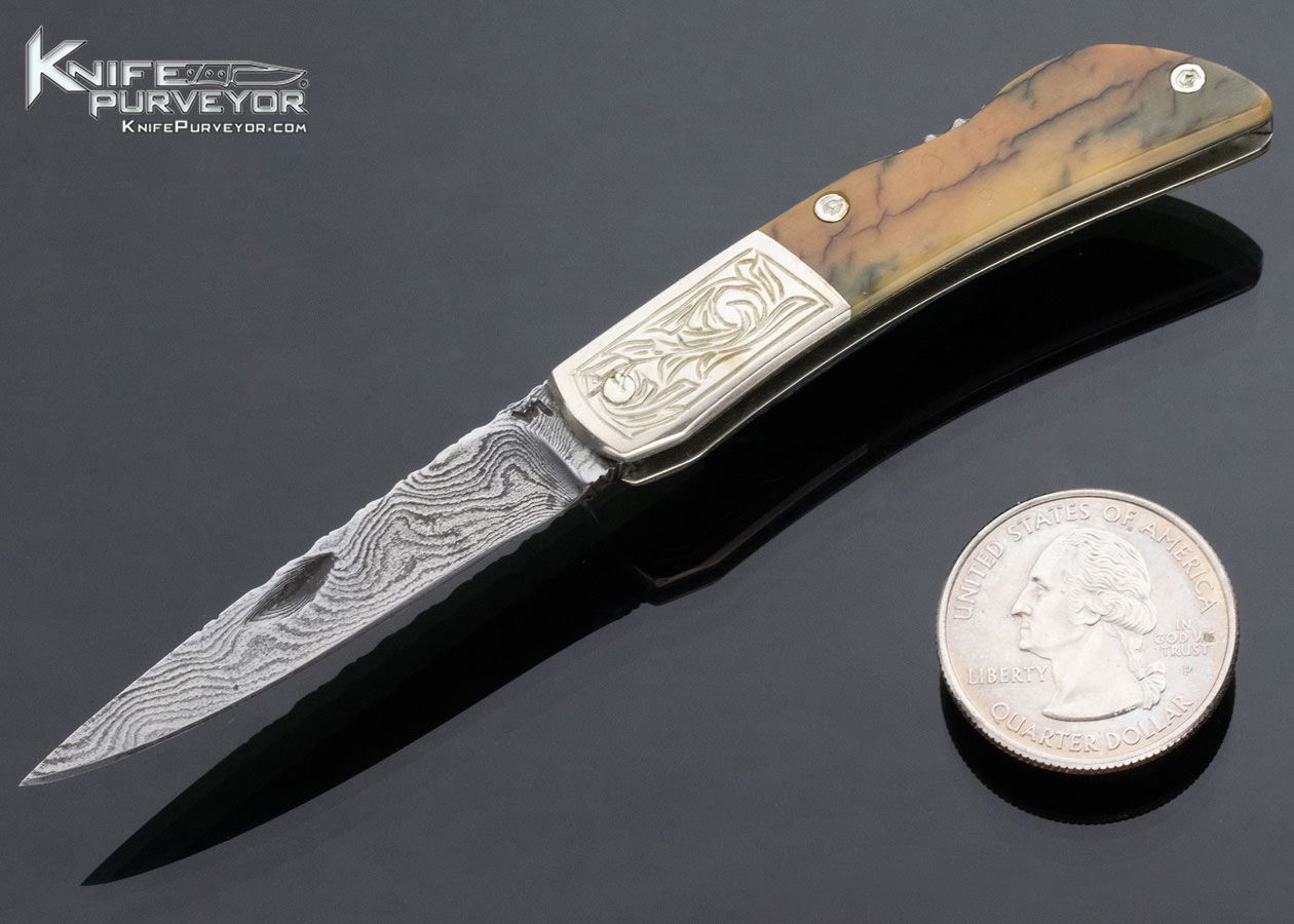 Bill McHenry Custom Knife Sole Authorship Engraved Miniature Damascus and Mammoth Lockback Folder 13739