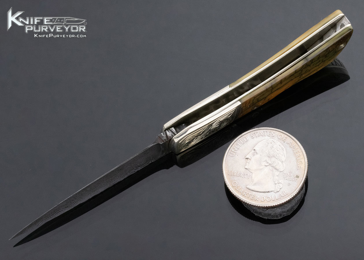 Bill McHenry Custom Knife Sole Authorship Engraved Miniature Damascus and Mammoth Lockback Folder - Image 6