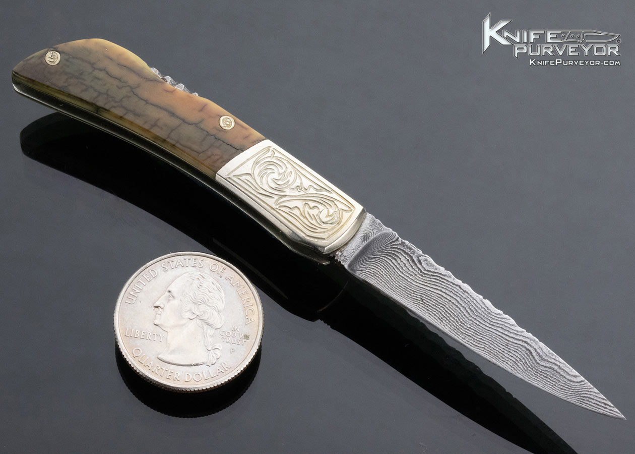Bill McHenry Custom Knife Sole Authorship Engraved Miniature Damascus and Mammoth Lockback Folder - Image 3