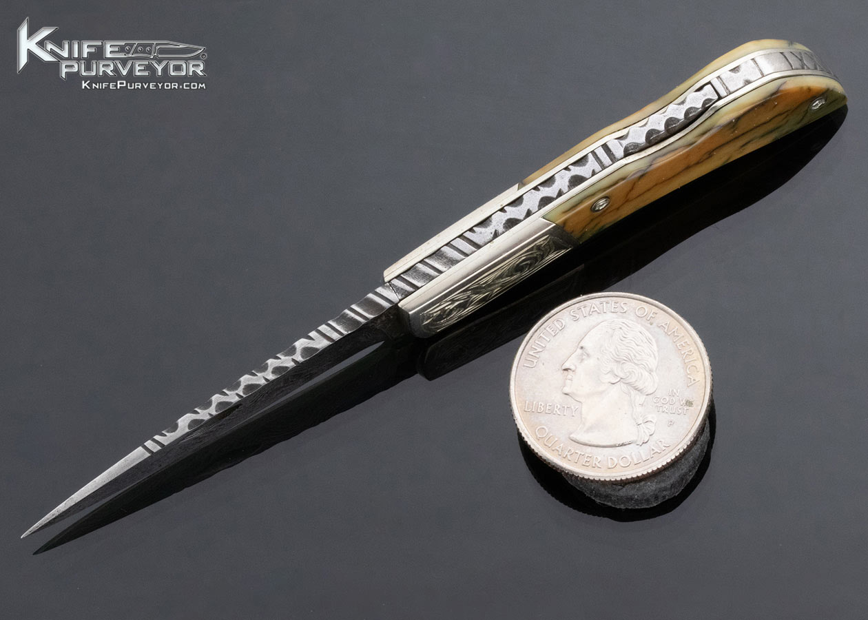 Bill McHenry Custom Knife Sole Authorship Engraved Miniature Damascus and Mammoth Lockback Folder - Image 5