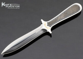 Buster Warenski Custom Knife Piqued Blacklip Pearl with Gold Dots Intergral Dagger with Julie Warenski Engraved Scabbard 18356