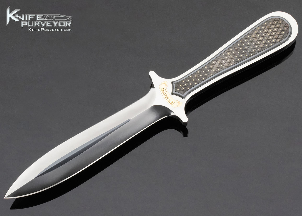 Buster Warenski Custom Knife Piqued Blacklip Pearl with Gold Dots Intergral Dagger with Julie Warenski Engraved Scabbard 18356