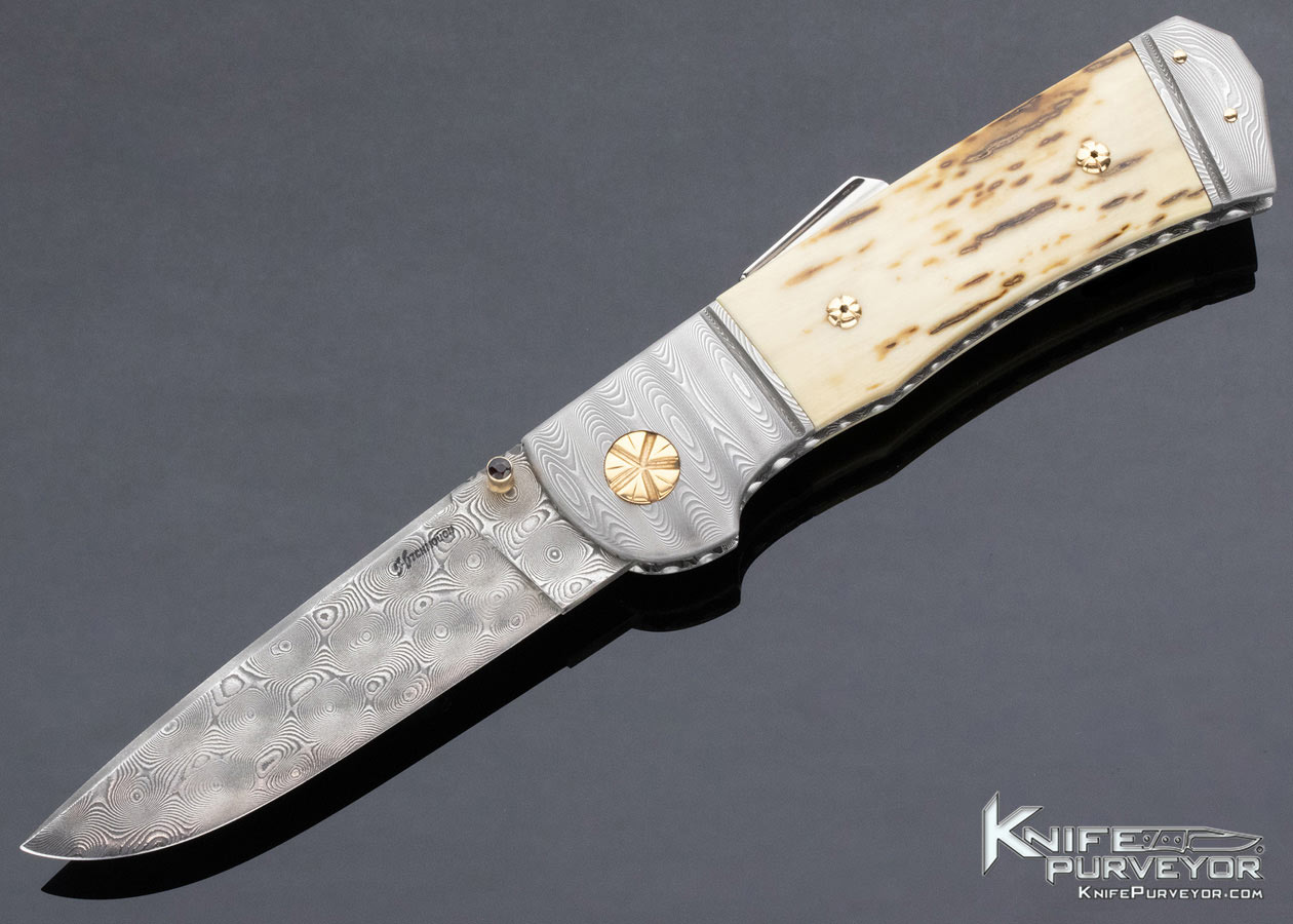 Howard Hitchmough Custom Knife Damasteel and Mammoth Midlock with 14Kt Gold Accents 13411