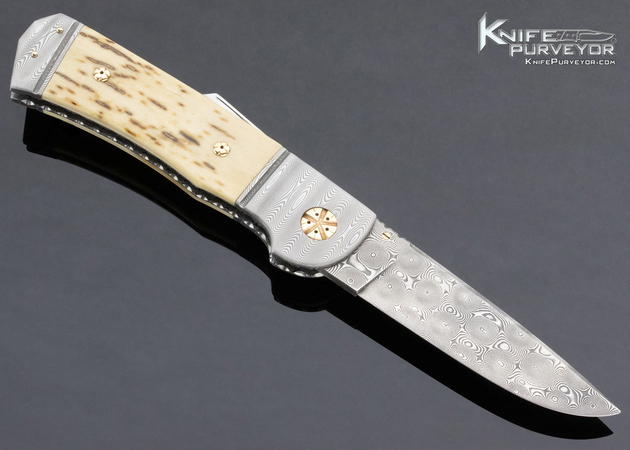 Howard Hitchmough Custom Knife Damasteel and Mammoth Midlock with 14Kt Gold Accents (Featured in a Video) - Image 3