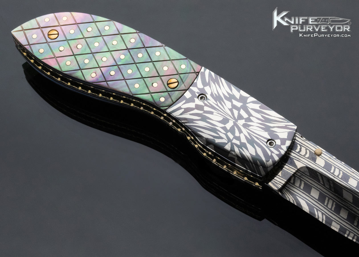 Jerry Corbit Custom Knife Robert Eggerling Damascus Piqued Black Lip Pearl Linerlock - Image 4