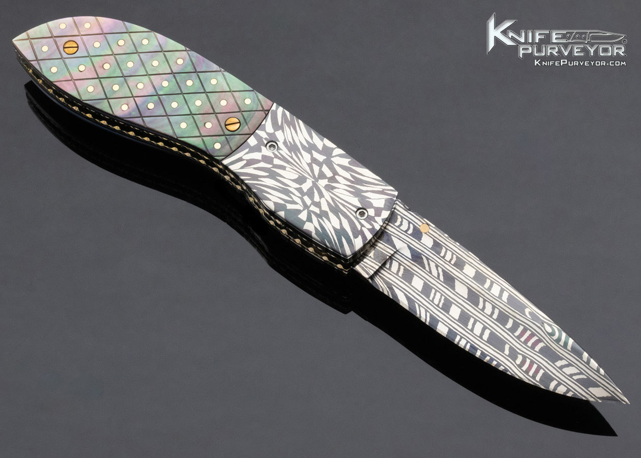 Jerry Corbit Custom Knife Robert Eggerling Damascus Piqued Black Lip Pearl Linerlock - Image 3