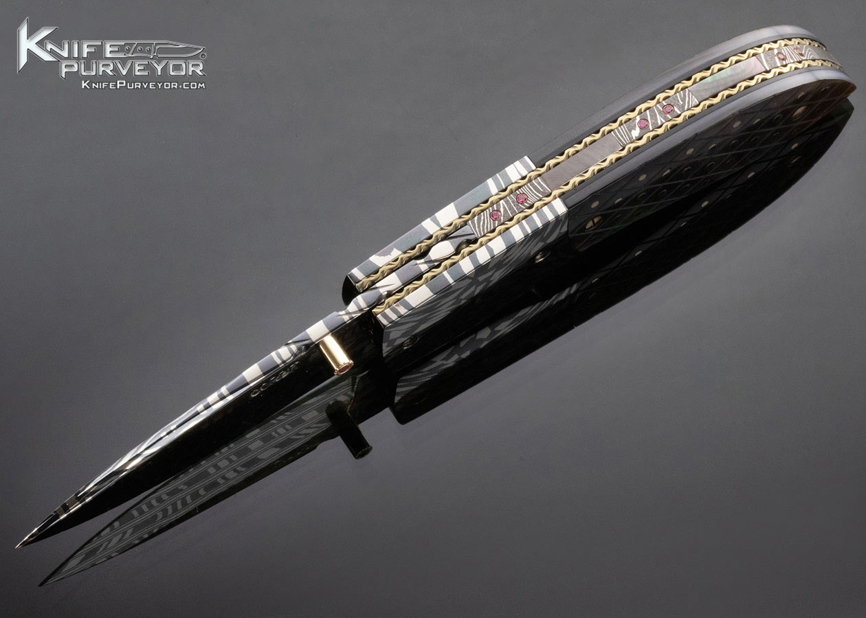 Jerry Corbit Custom Knife Robert Eggerling Damascus Piqued Black Lip Pearl Linerlock - Image 6