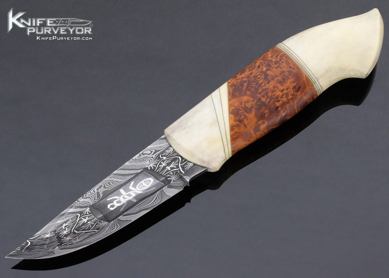 Johnny Walker Nilsson Custom Knife Mosaic Damascus Burlwood Scrimshawed Antler with Presentation Scabbard 13570