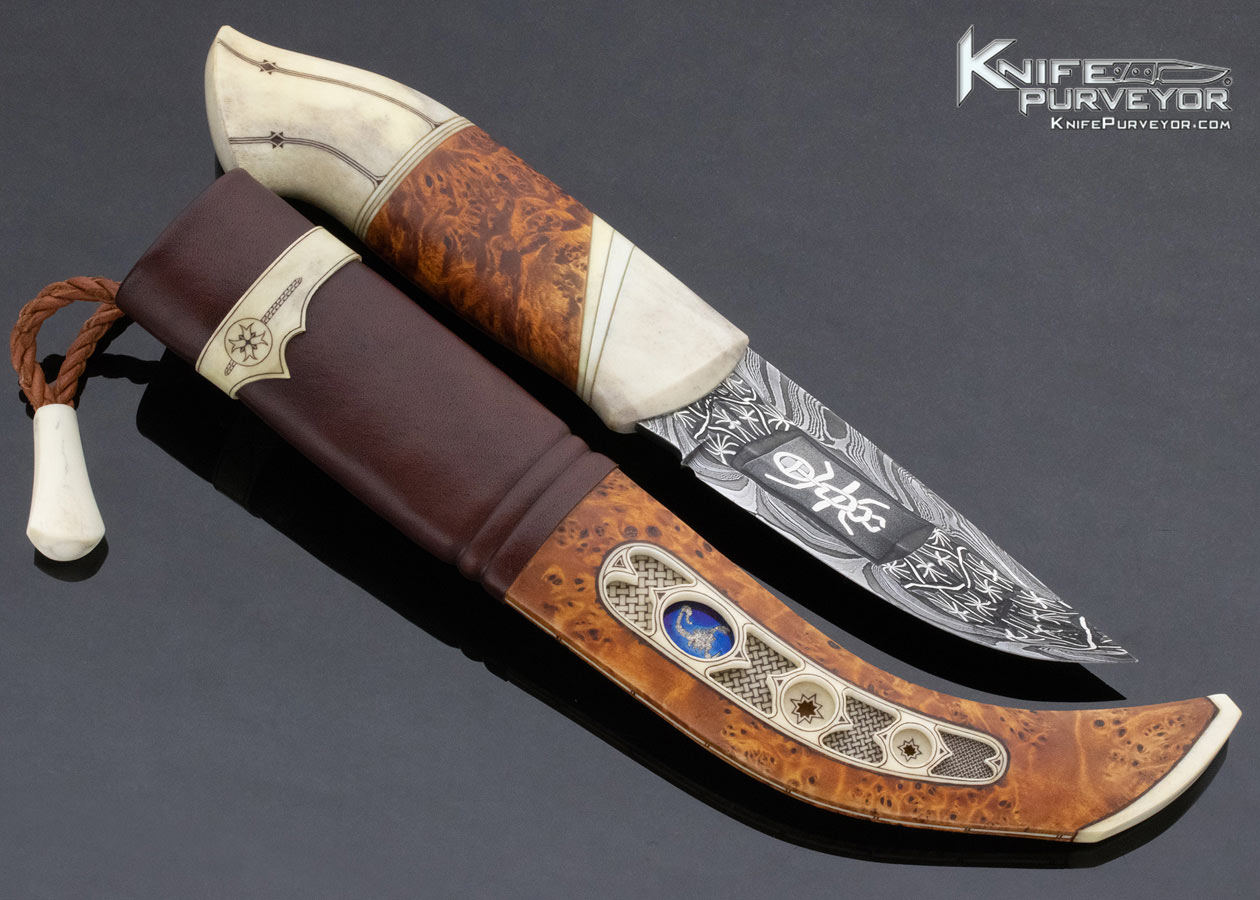 Johnny Walker Nilsson Custom Knife Mosaic Damascus Burlwood Scrimshawed Antler with Presentation Scabbard 13570