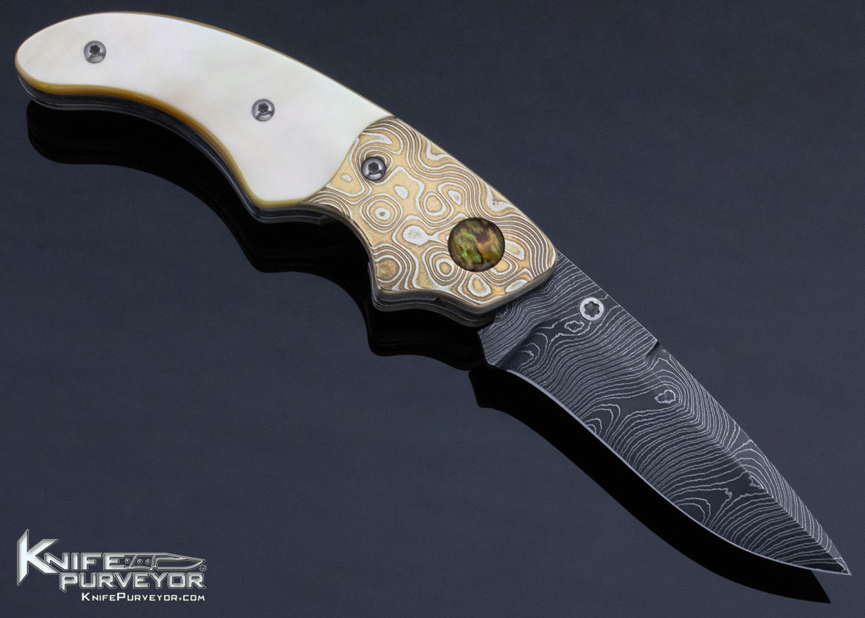 Jot Singh Khalsa Custom Knife Opel, Damascus and Gold Lip Pearl Linerlock - Image 3