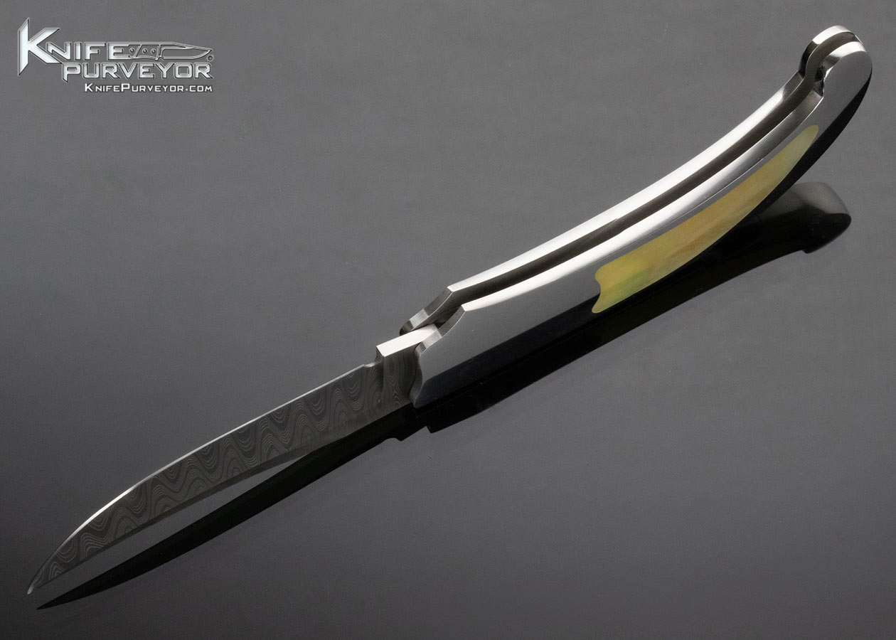 Warren Osborne Custom Knife South Sea Gold Lip Pearl Interframe Lockback with Mike Norris Damascus Blade - Image 6