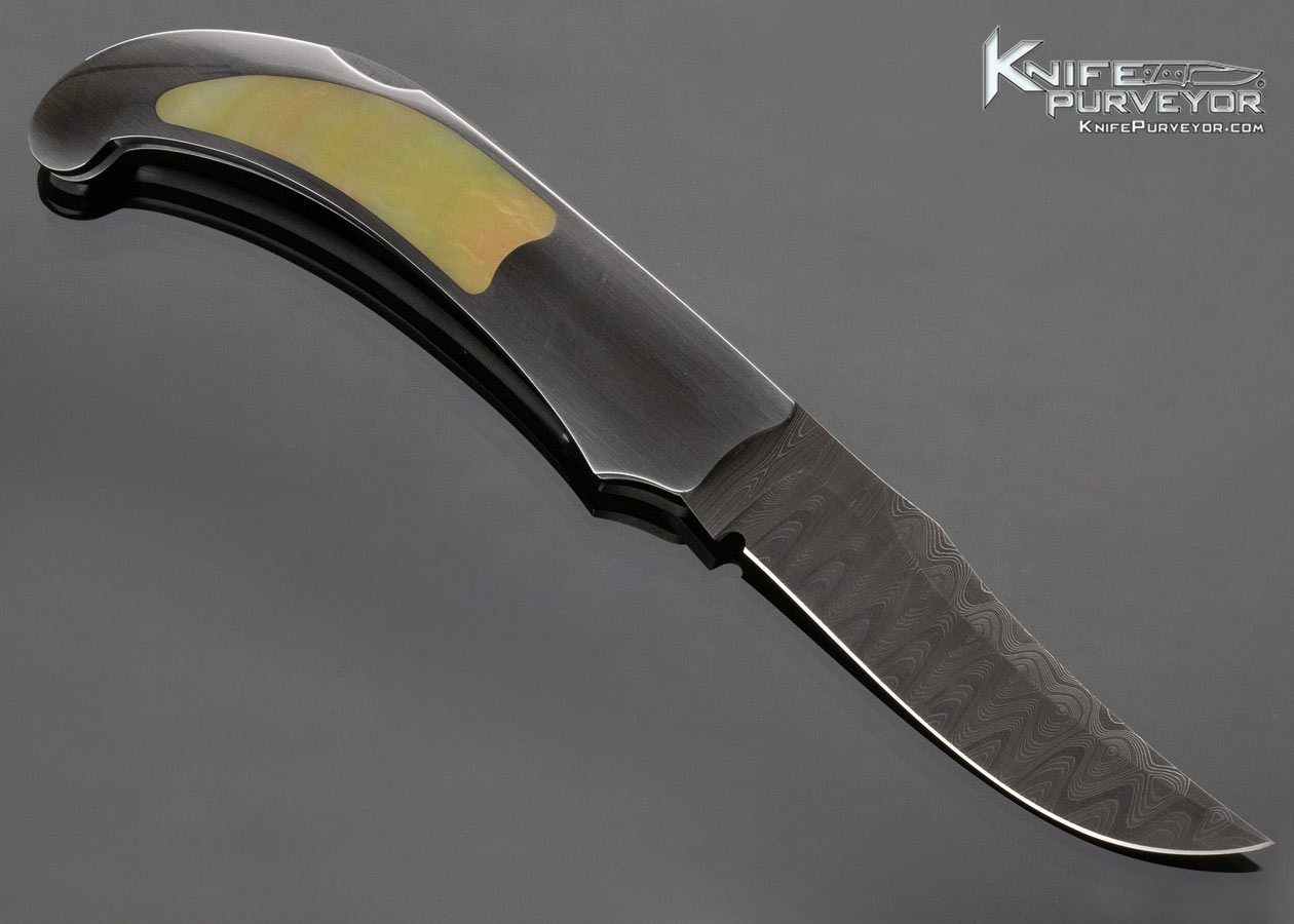 Warren Osborne Custom Knife South Sea Gold Lip Pearl Interframe Lockback with Mike Norris Damascus Blade - Image 3