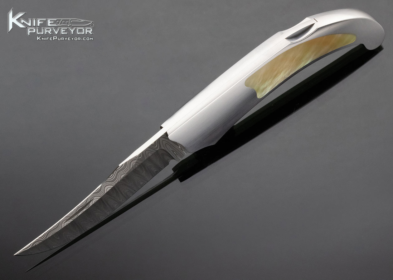 Warren Osborne Custom Knife South Sea Gold Lip Pearl Interframe Lockback with Mike Norris Damascus Blade 13558