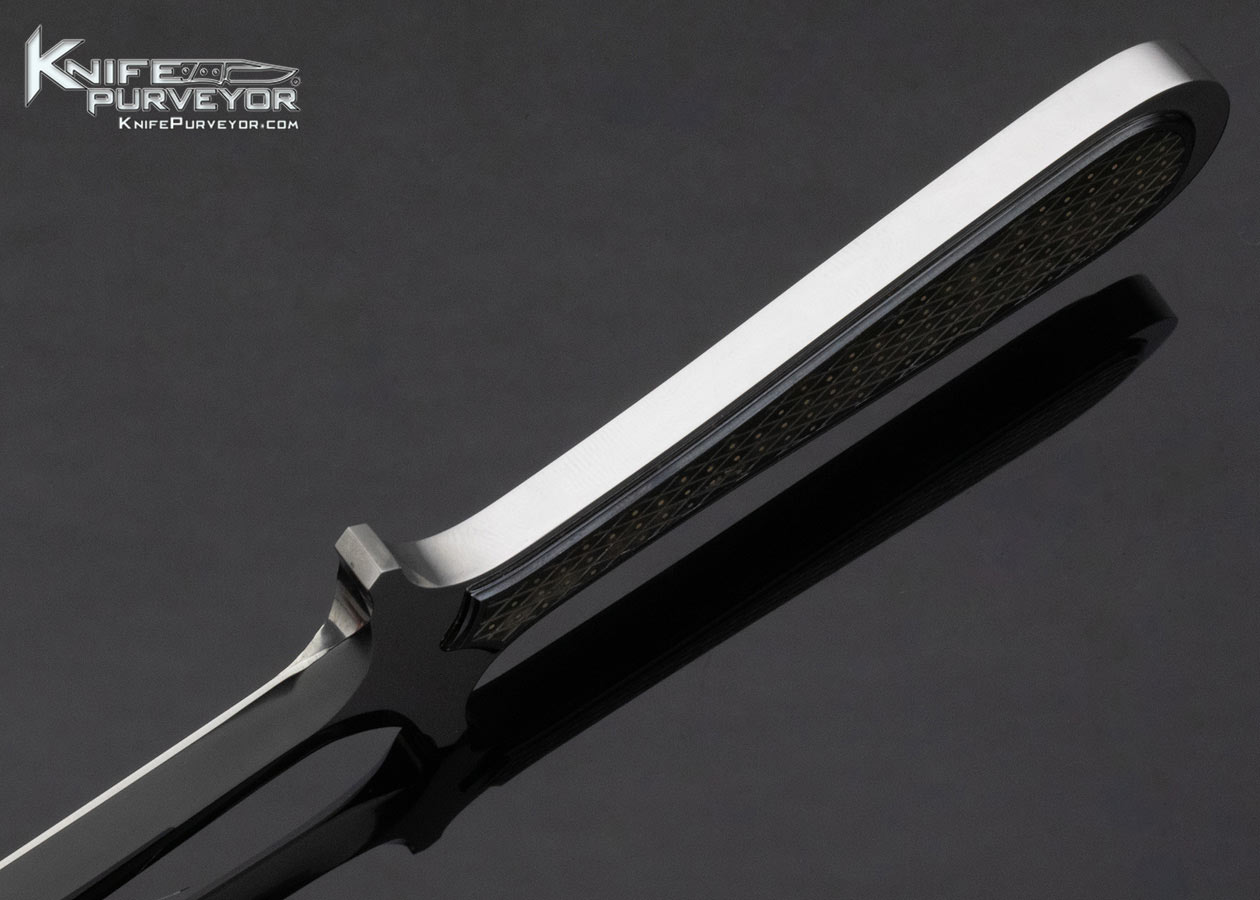 Buster Warenski Custom Knife Piqued Blacklip Pearl with Gold Dots Intergral Dagger with Julie Warenski Engraved Scabbard - Image 5