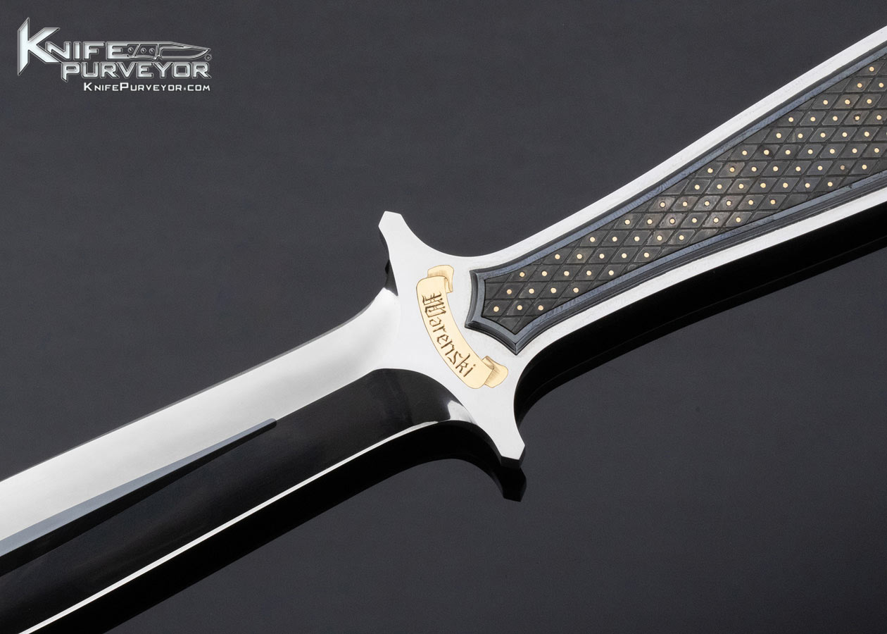 Buster Warenski Custom Knife Piqued Blacklip Pearl with Gold Dots Intergral Dagger with Julie Warenski Engraved Scabbard - Image 2