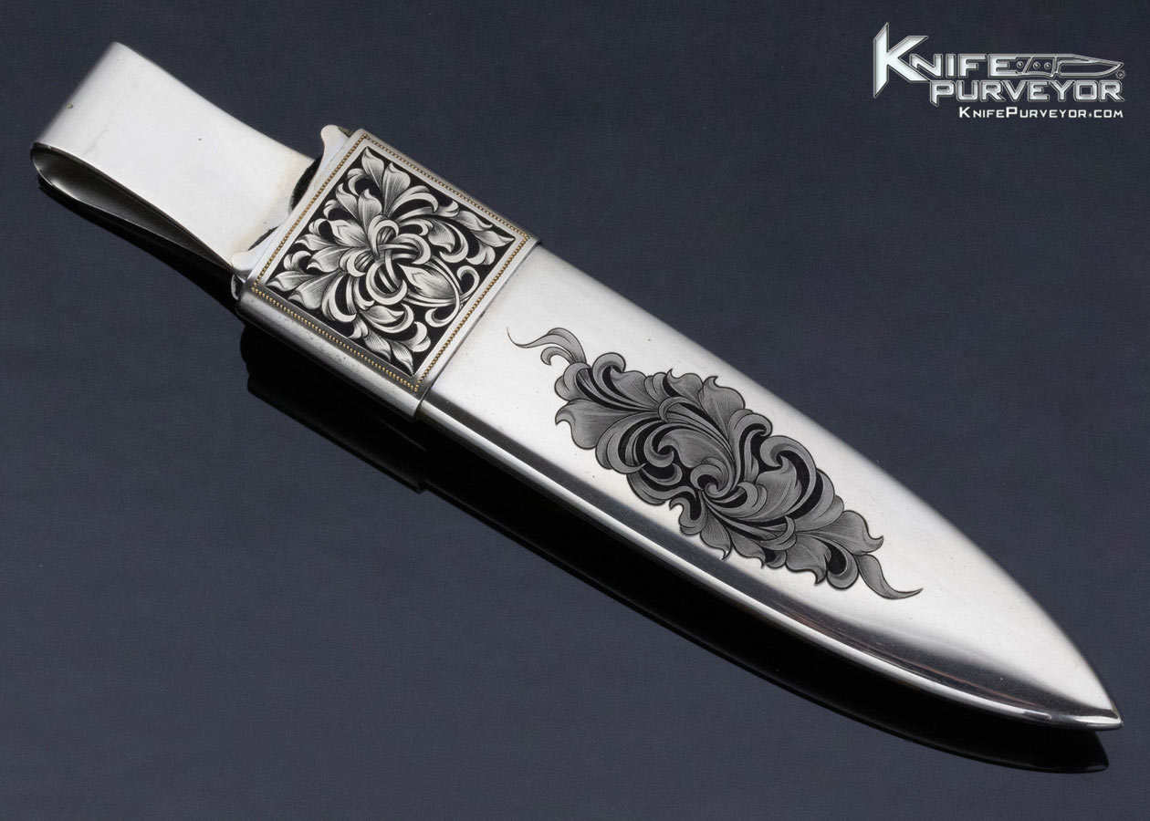 Buster Warenski Custom Knife Piqued Blacklip Pearl with Gold Dots Intergral Dagger with Julie Warenski Engraved Scabbard - Image 6
