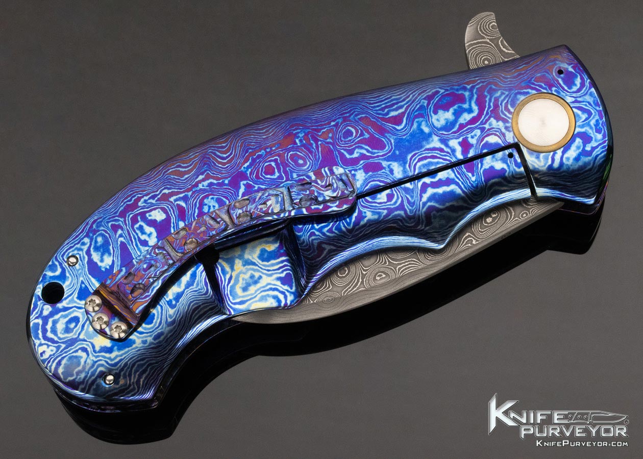 DB Fraley Custom Knife Timascus and Stainless Damascus Hawkbill Flipper Framelock - Image 4