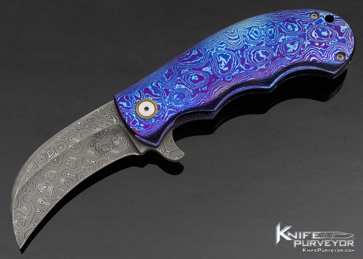 DB Fraley Custom Knife Timascus and Stainless Damascus Hawkbill Flipper Framelock 13658