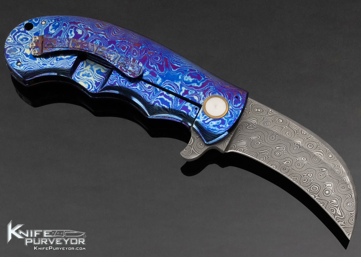 DB Fraley Custom Knife Timascus and Stainless Damascus Hawkbill Flipper Framelock - Image 3