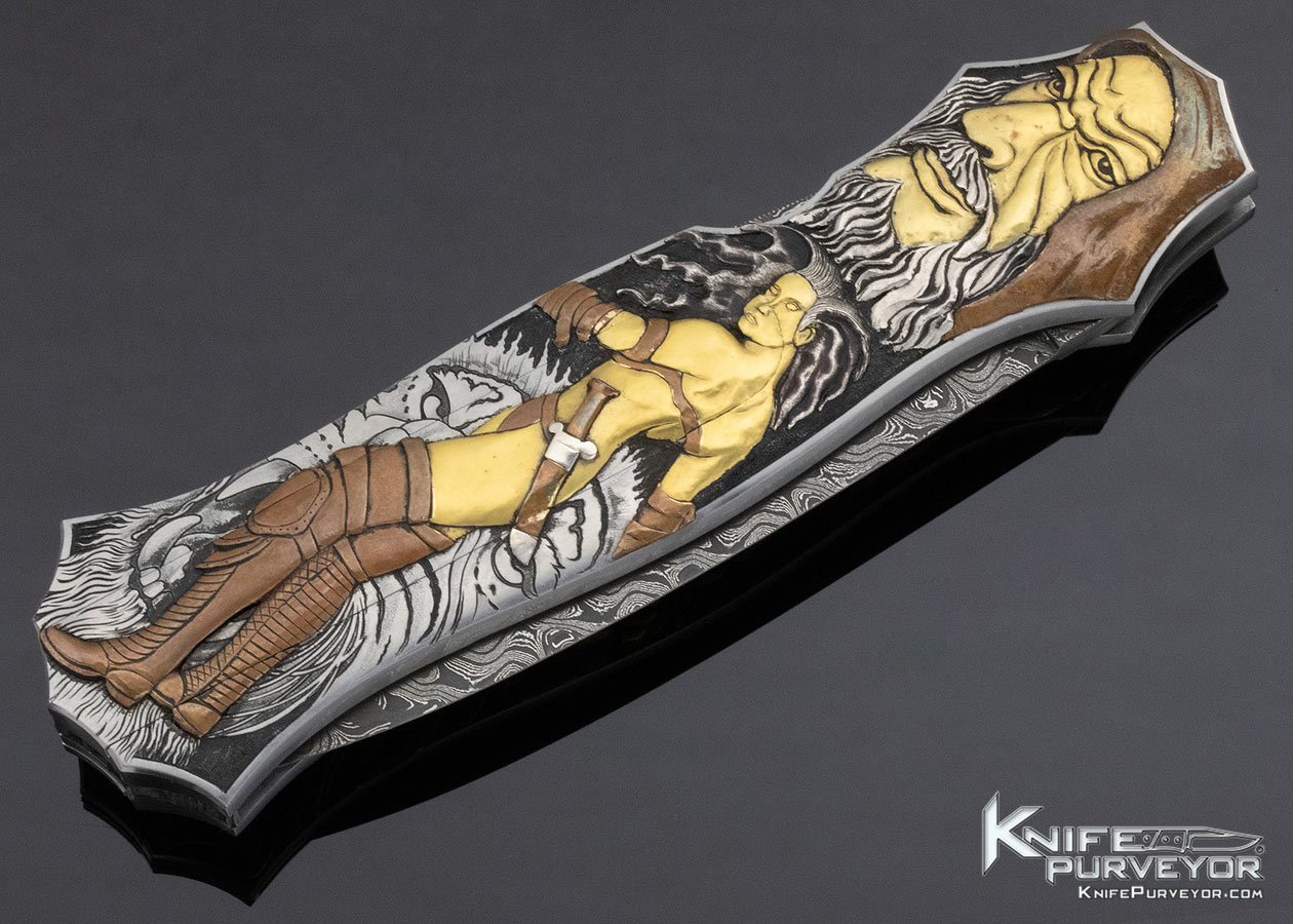 Joe Kious Custom Knife Ron Skaggs Engraved Skellington and Warrior Double Pocket Locket Automatic - Image 6