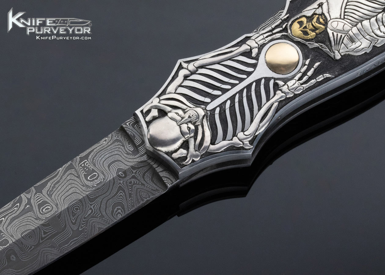 Joe Kious Custom Knife Ron Skaggs Engraved Skellington and Warrior Double Pocket Locket Automatic - Image 2