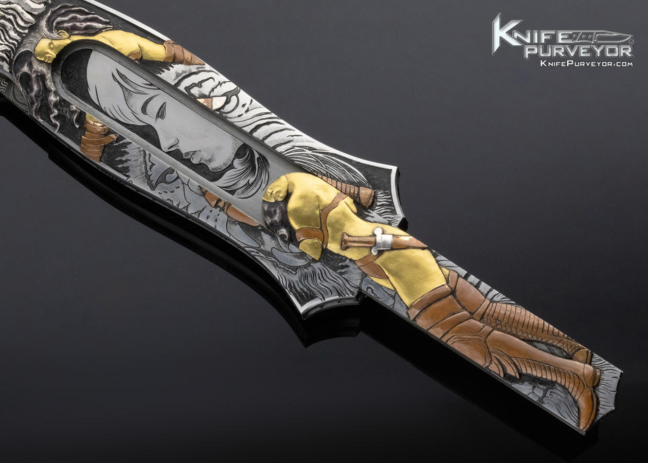 Joe Kious Custom Knife Ron Skaggs Engraved Skellington and Warrior Double Pocket Locket Automatic - Image 5