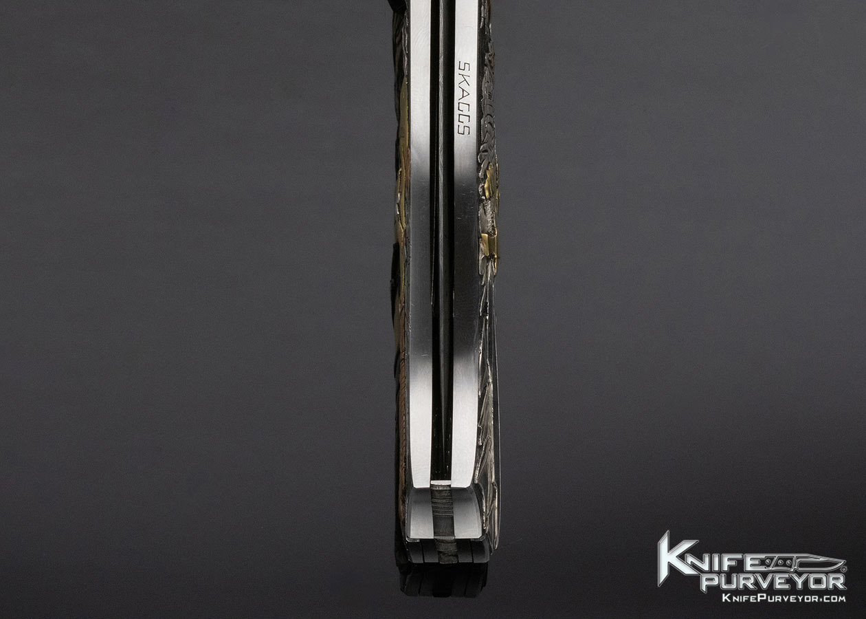 Joe Kious Custom Knife Ron Skaggs Engraved Skellington and Warrior Double Pocket Locket Automatic - Image 9