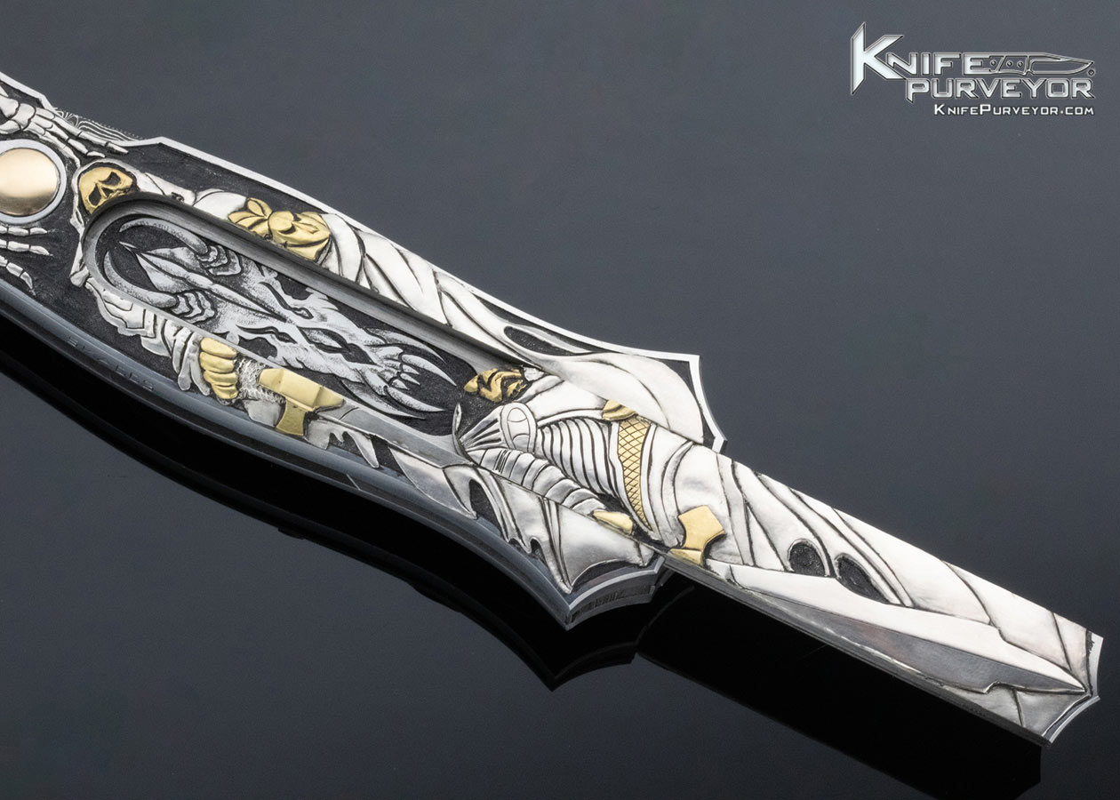 Joe Kious Custom Knife Ron Skaggs Engraved Skellington and Warrior Double Pocket Locket Automatic - Image 4
