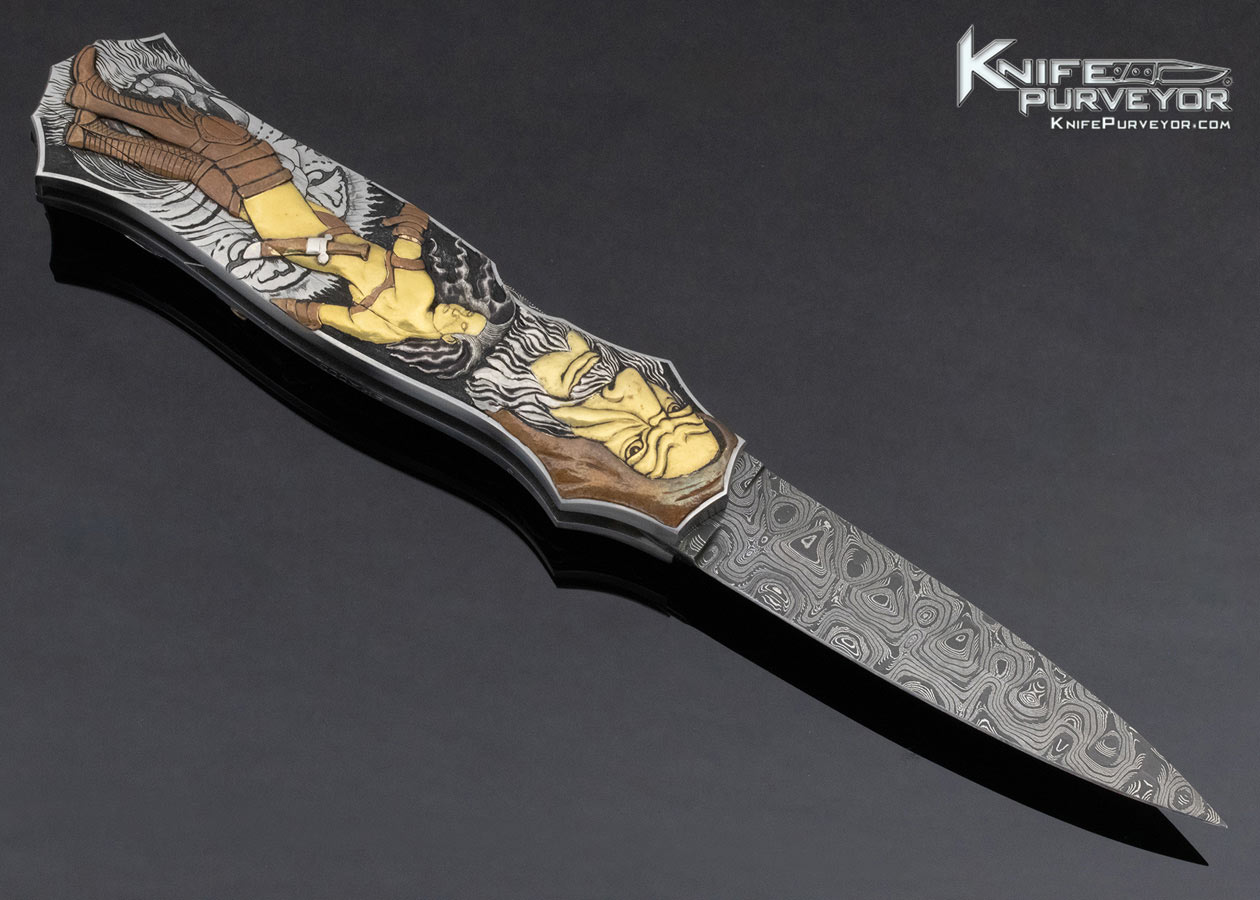 Joe Kious Custom Knife Ron Skaggs Engraved Skellington and Warrior Double Pocket Locket Automatic - Image 3