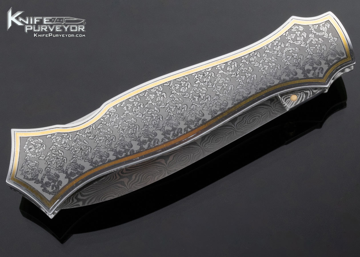 John W. Smith Custom Knife Sole Authorship Damascus and Engraved "Brioni Tie Pattern" Lockback with 24Kt Gold Inlays - Image 3