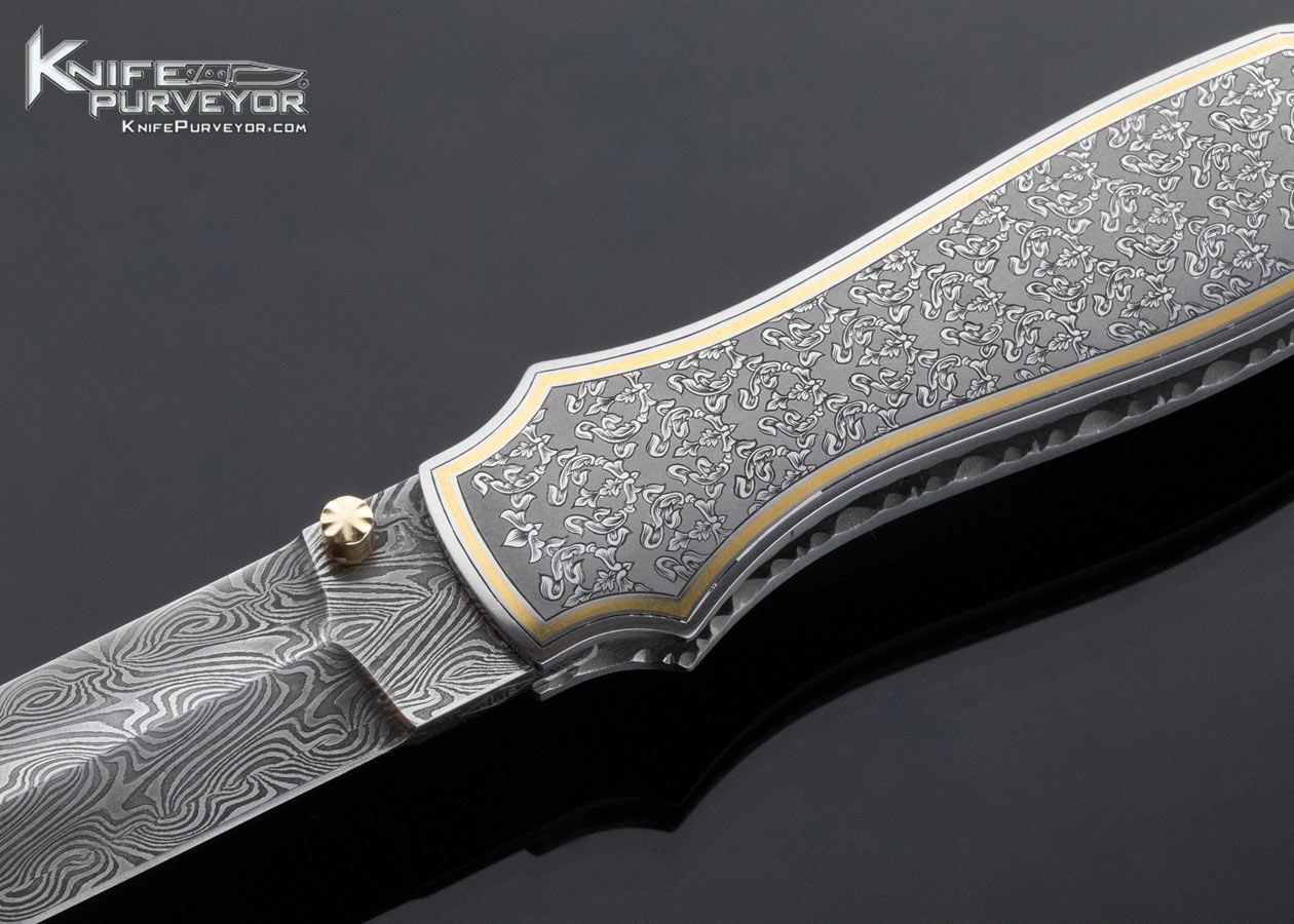 John W. Smith Custom Knife Sole Authorship Damascus and Engraved "Brioni Tie Pattern" Lockback with 24Kt Gold Inlays - Image 2