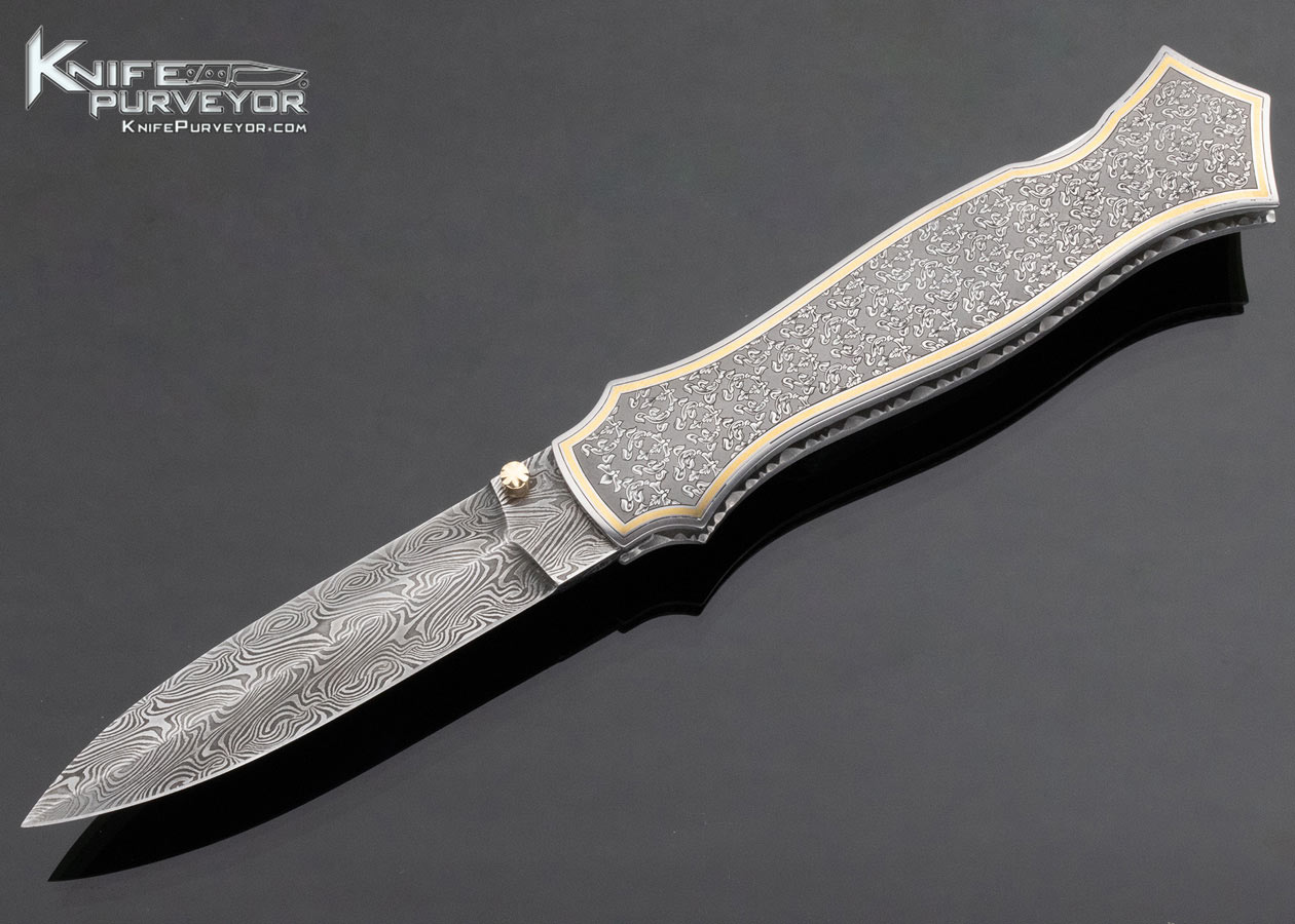 John W. Smith Custom Knife Sole Authorship Damascus and Engraved "Brioni Tie Pattern" Lockback with 24Kt Gold Inlays 13717