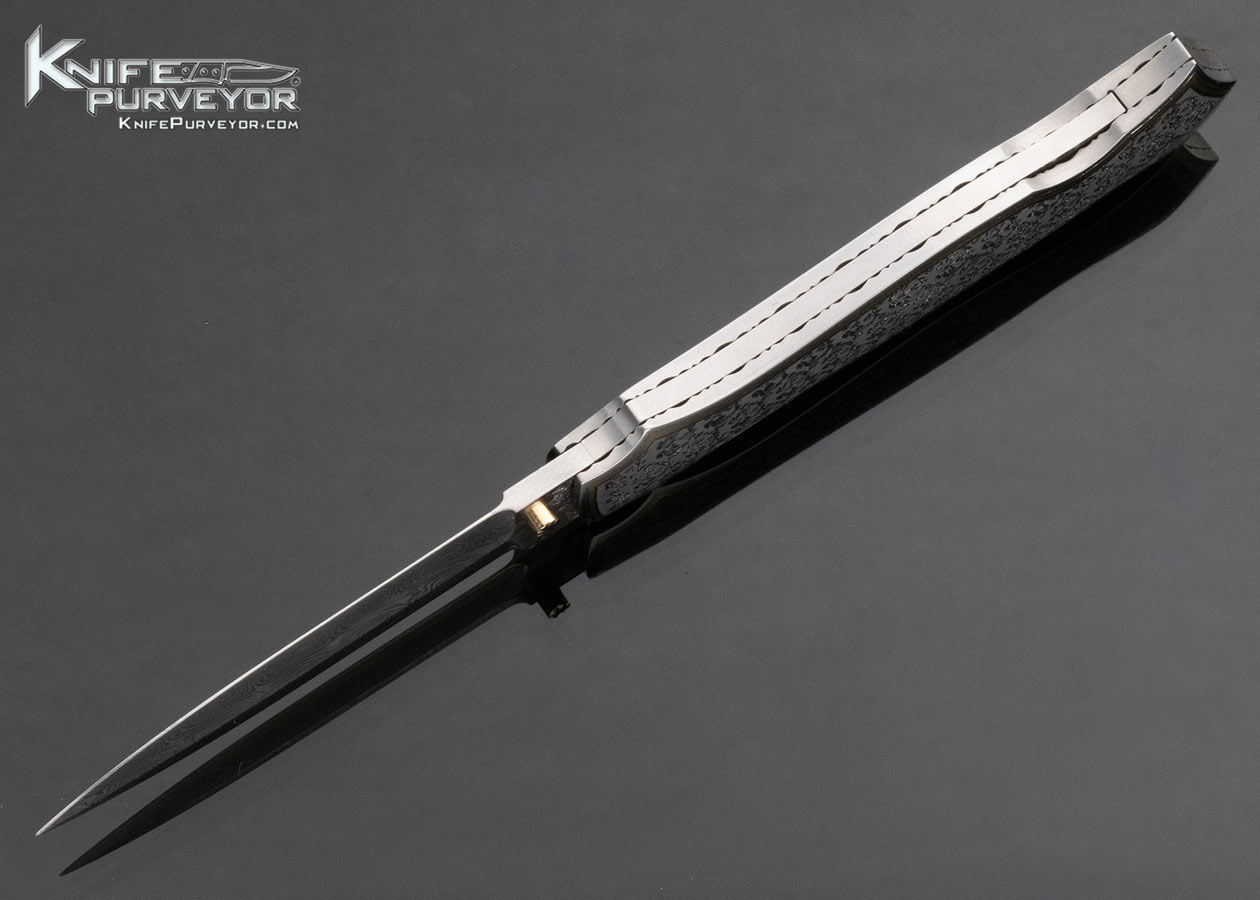 John W. Smith Custom Knife Sole Authorship Damascus and Engraved "Brioni Tie Pattern" Lockback with 24Kt Gold Inlays - Image 4