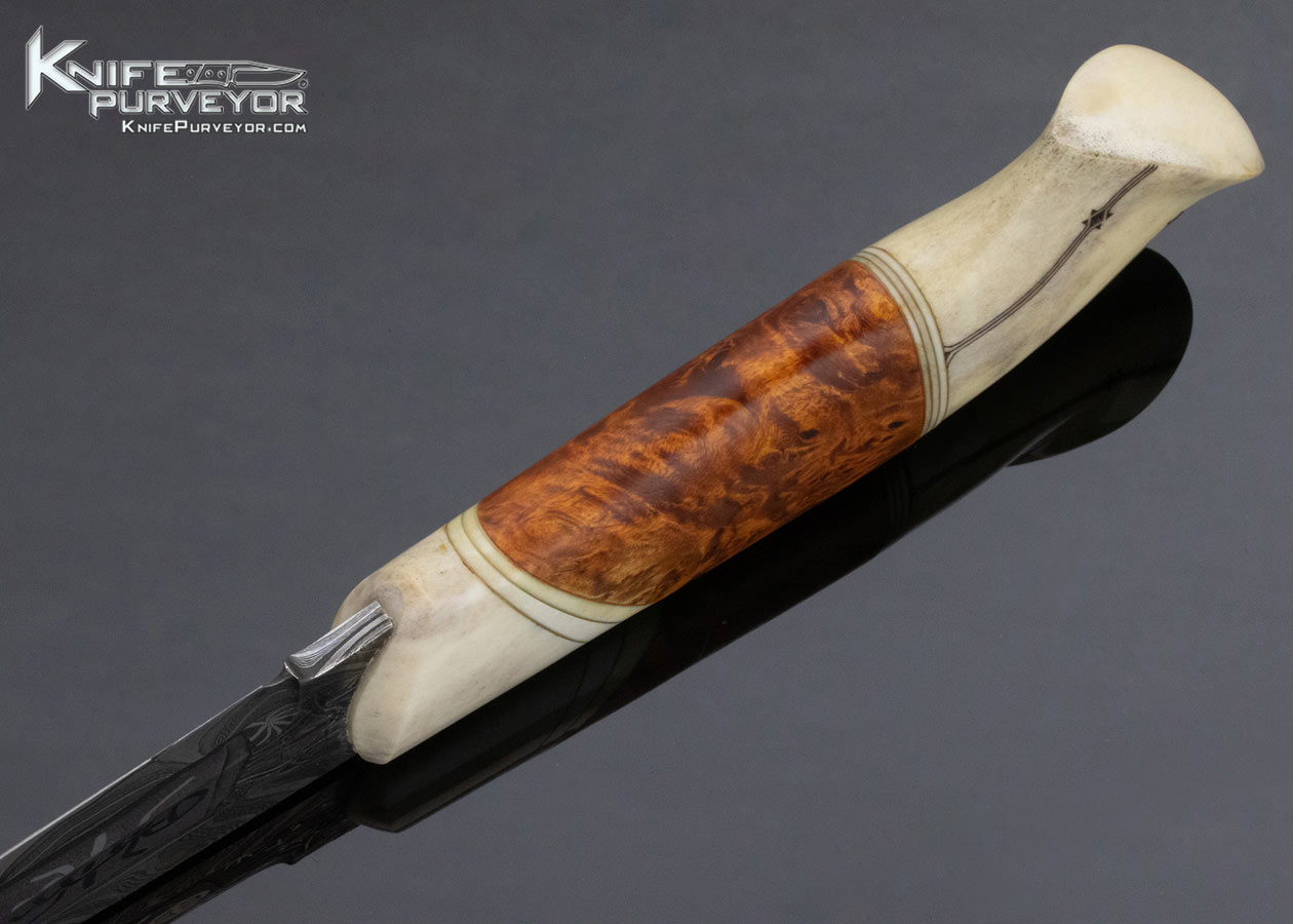 Johnny Walker Nilsson Custom Knife Mosaic Damascus Masur Birch Scrimshawed Antler with Presentation Scabbard - Image 5