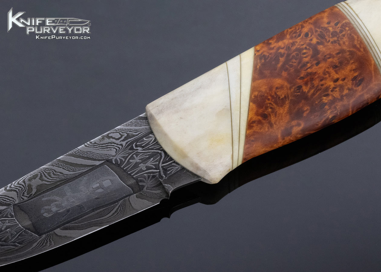 Johnny Walker Nilsson Custom Knife Mosaic Damascus Masur Birch Scrimshawed Antler with Presentation Scabbard - Image 2