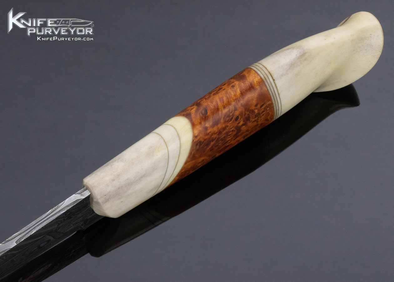 Johnny Walker Nilsson Custom Knife Mosaic Damascus Masur Birch Scrimshawed Antler with Presentation Scabbard - Image 4