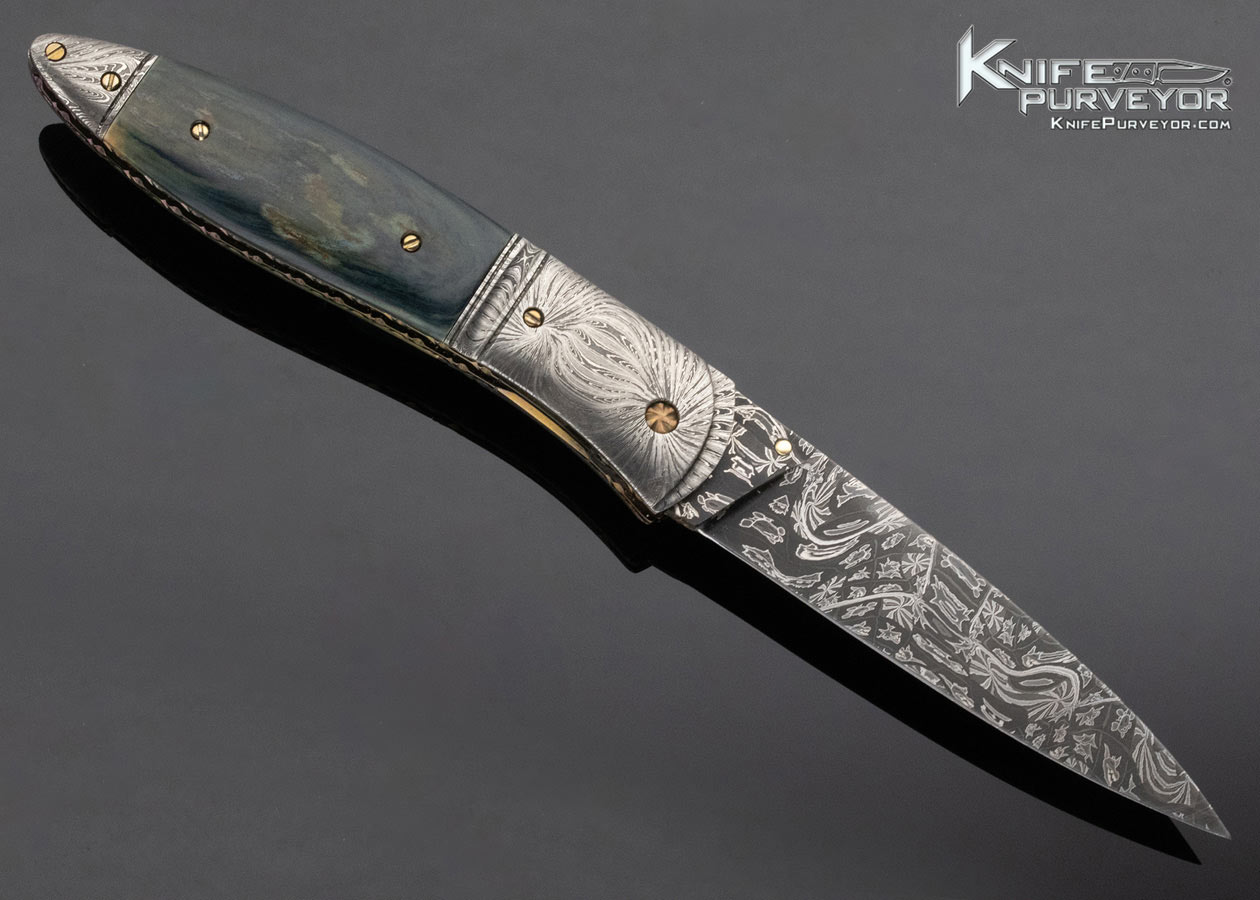 Don Hanson III Custom Knife Sole Authorship Damascus and Mammoth Linerlock - Image 3