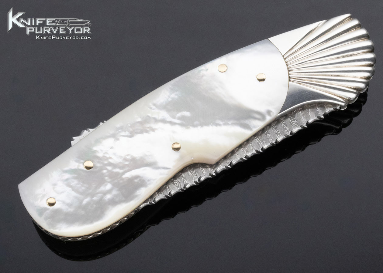 Ken Steigerwalt Custom Knife Mother of Pearl with Damascus and Scalloped Sterling Silver Bolsters Lockback - Image 4