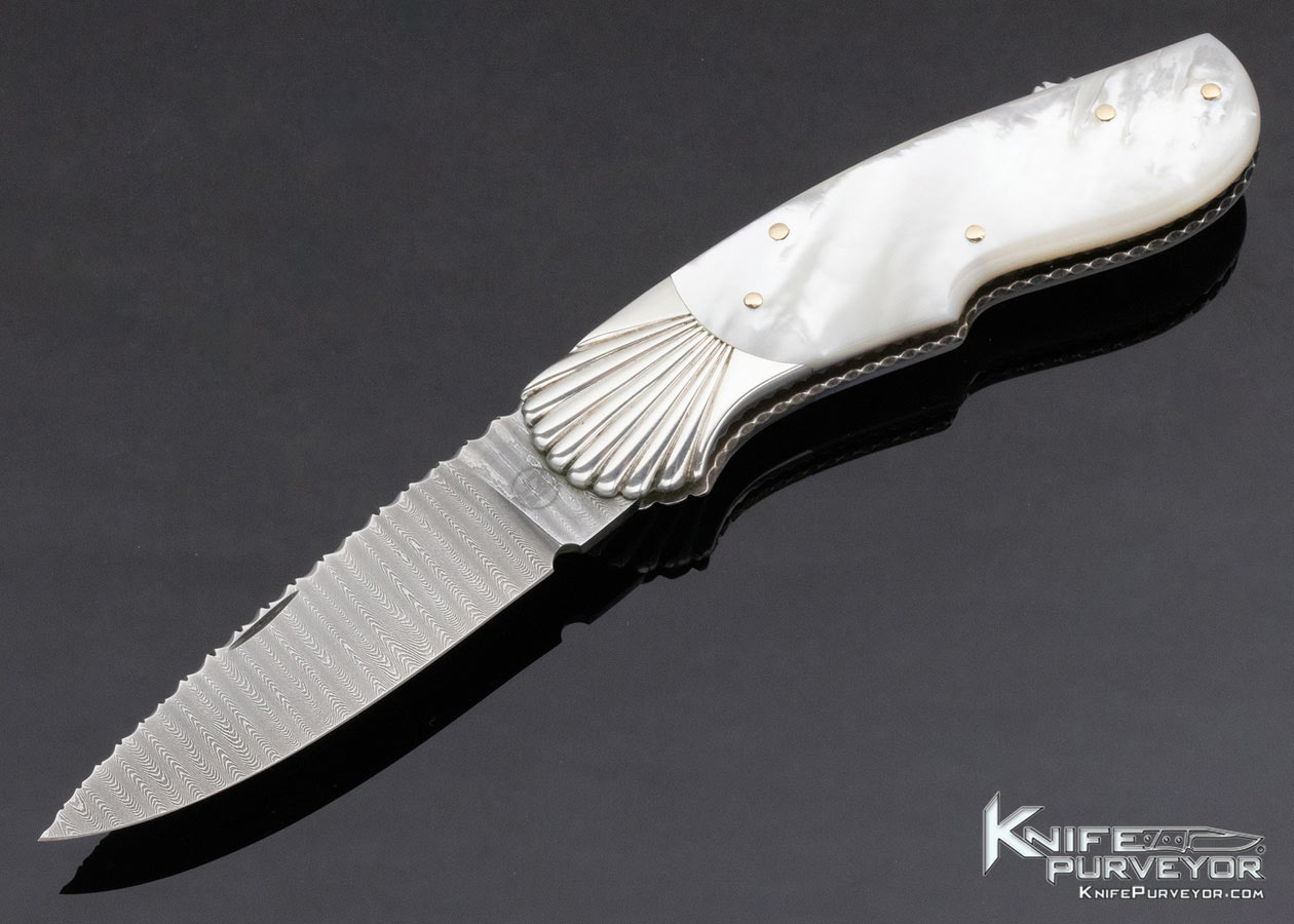 Ken Steigerwalt Custom Knife Mother of Pearl w Damascus and Carved Bolsters Lockback 13674