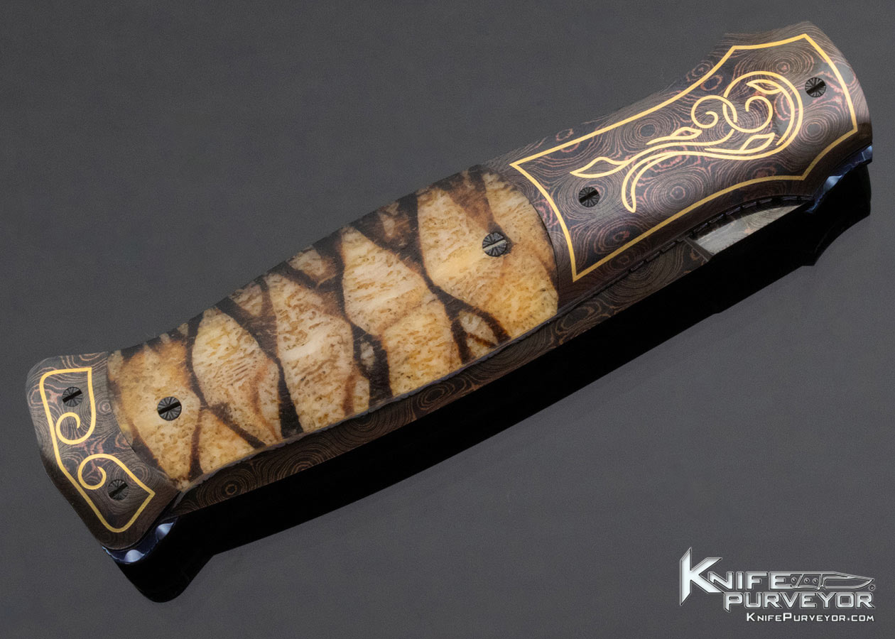 Larry Newton Custom Knife Engraved Rob Thomas Raindrop Damascus Inlaid Gold Tiger Coral Auto - Image 4