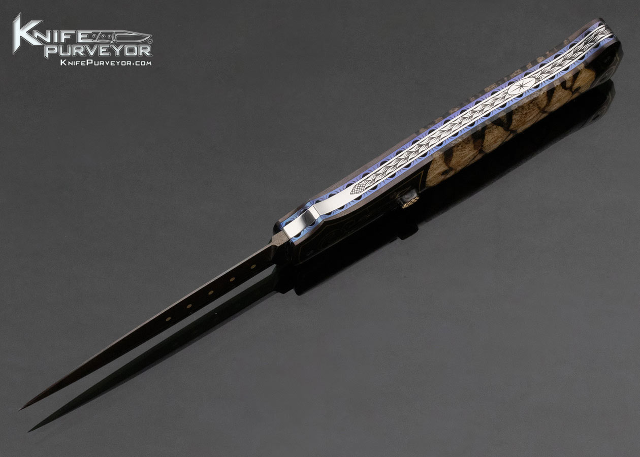 Larry Newton Custom Knife Engraved Rob Thomas Raindrop Damascus Inlaid Gold Tiger Coral Auto - Image 5