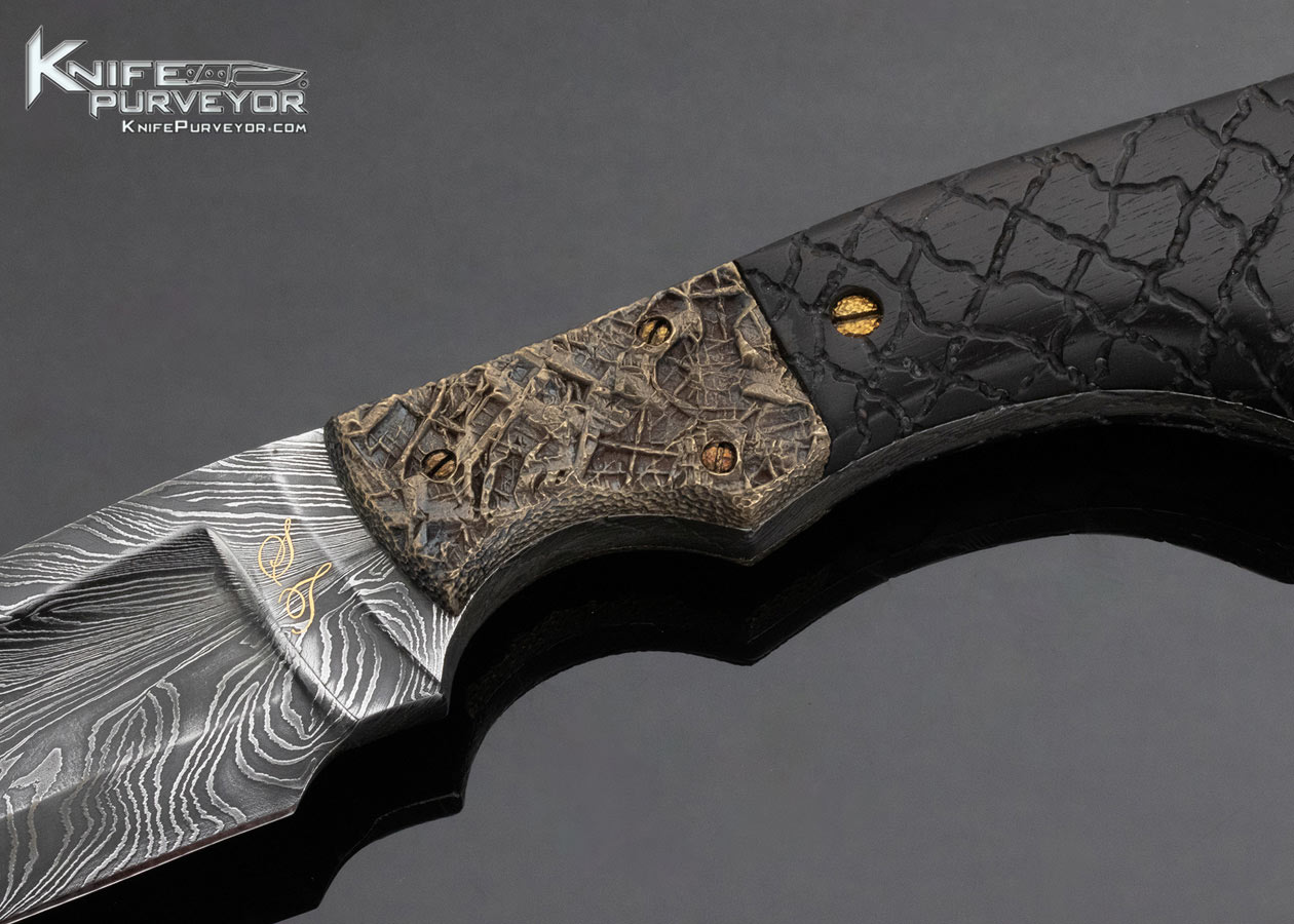 Shane Taylor Custom Knife Scorpion Tail Kukri Feather Pattern Textured Bronze Bolsters w/ Carved African Blackwood - Image 2