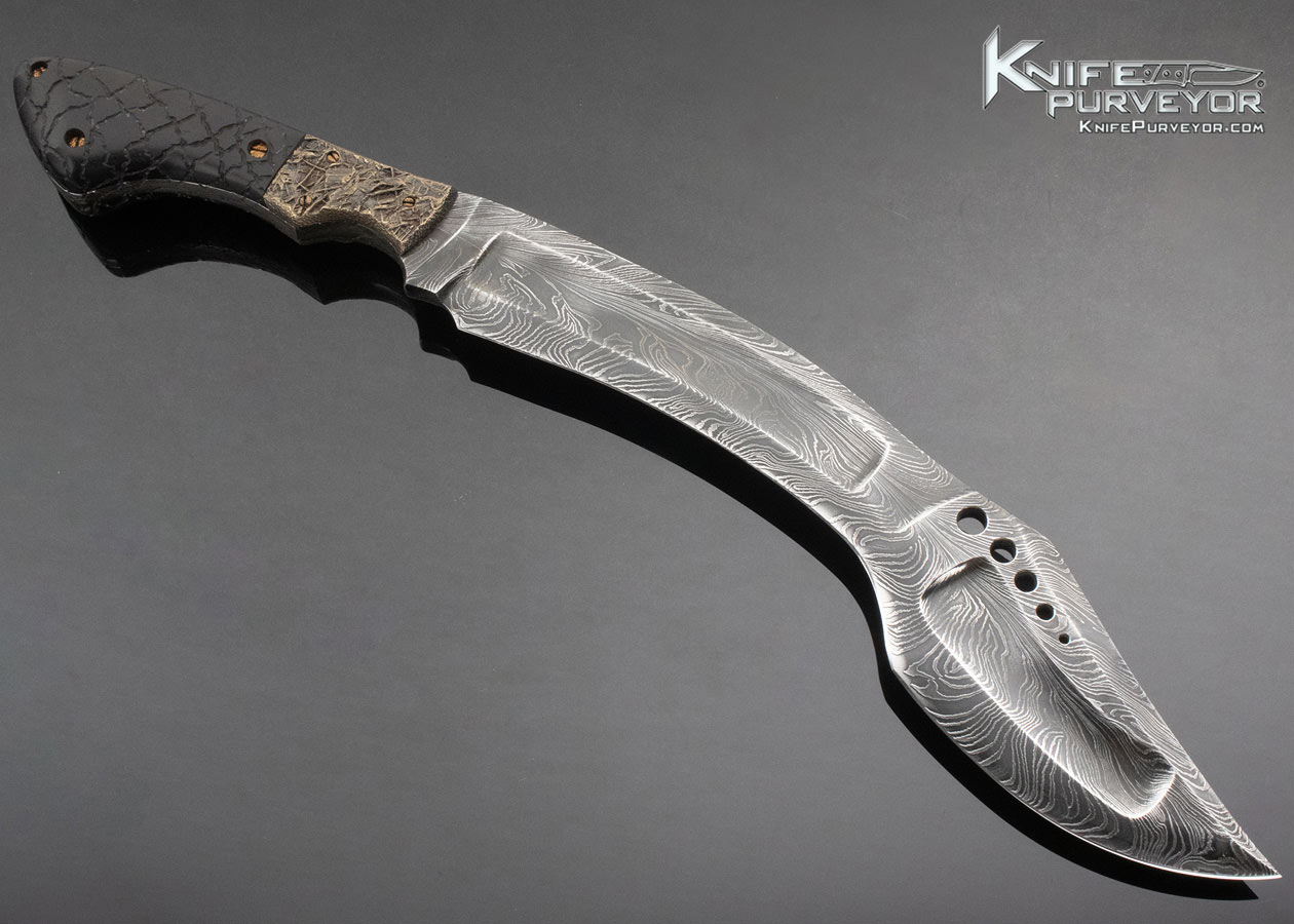 Shane Taylor Custom Knife Scorpion Tail Kukri Feather Pattern Textured Bronze Bolsters w/ Carved African Blackwood - Image 3