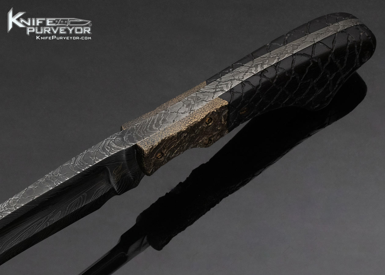 Shane Taylor Custom Knife Scorpion Tail Kukri Feather Pattern Textured Bronze Bolsters w/ Carved African Blackwood - Image 4