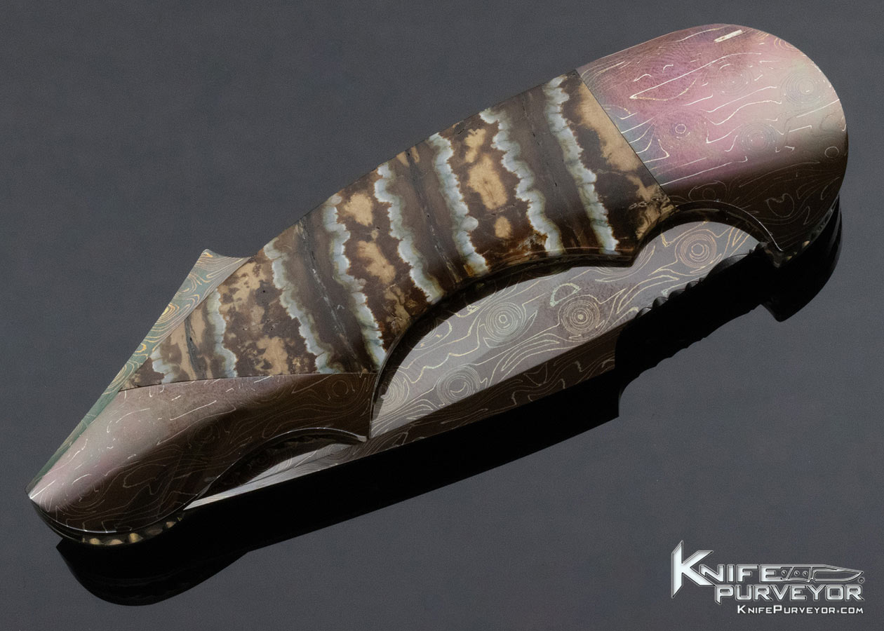 Stan Wilson Custom Knife Mammoth Tooth and Blued Damascus Hidden Screw "Advisor" Linerlock - Image 4