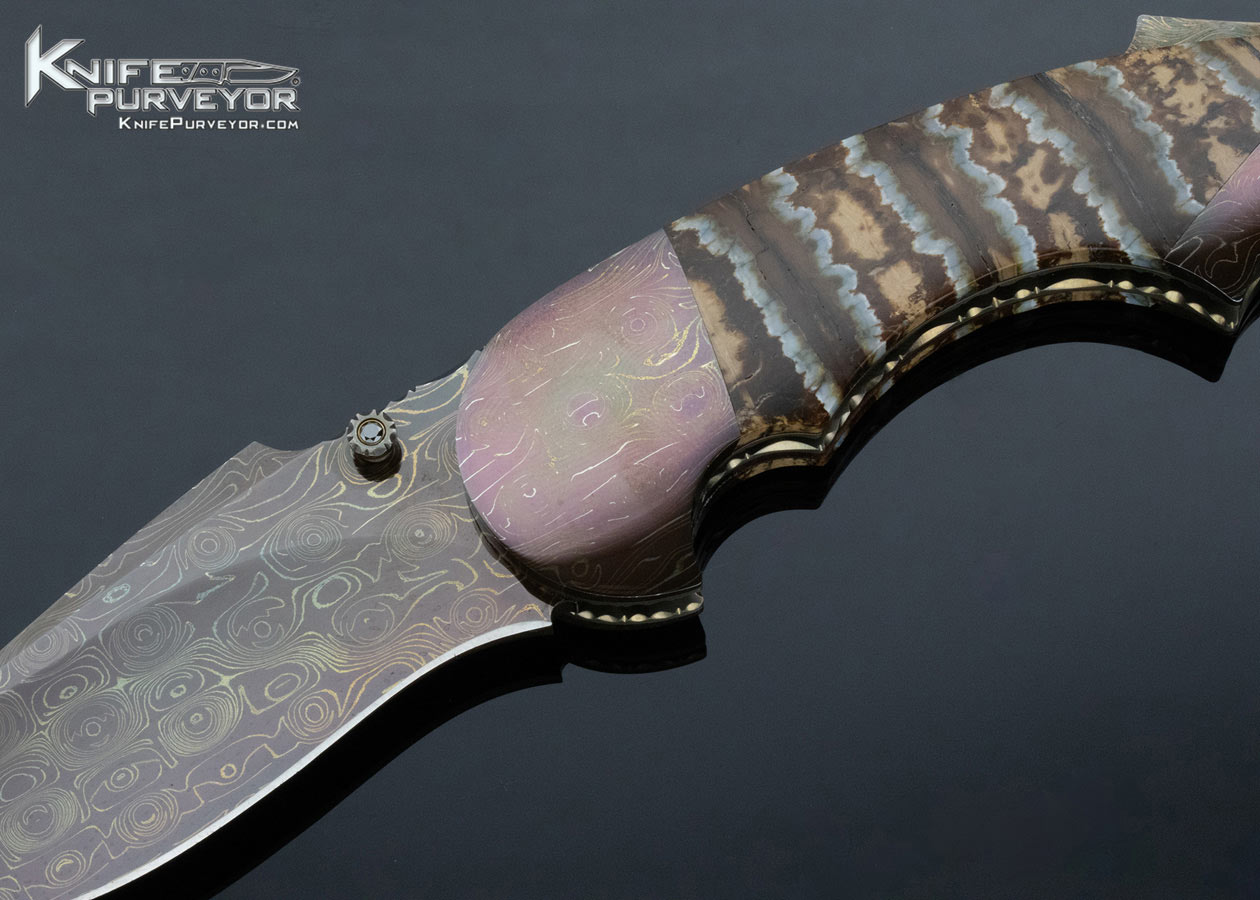 Stan Wilson Custom Knife Mammoth Tooth and Blued Damascus Hidden Screw "Advisor" Linerlock - Image 2