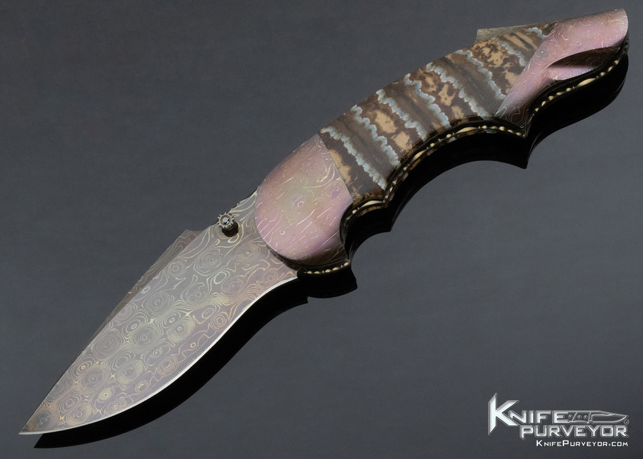 Stan Wilson Custom Knife Mammoth Tooth and Blued Damascus Hidden Screw "Advisor" Linerlock 13634